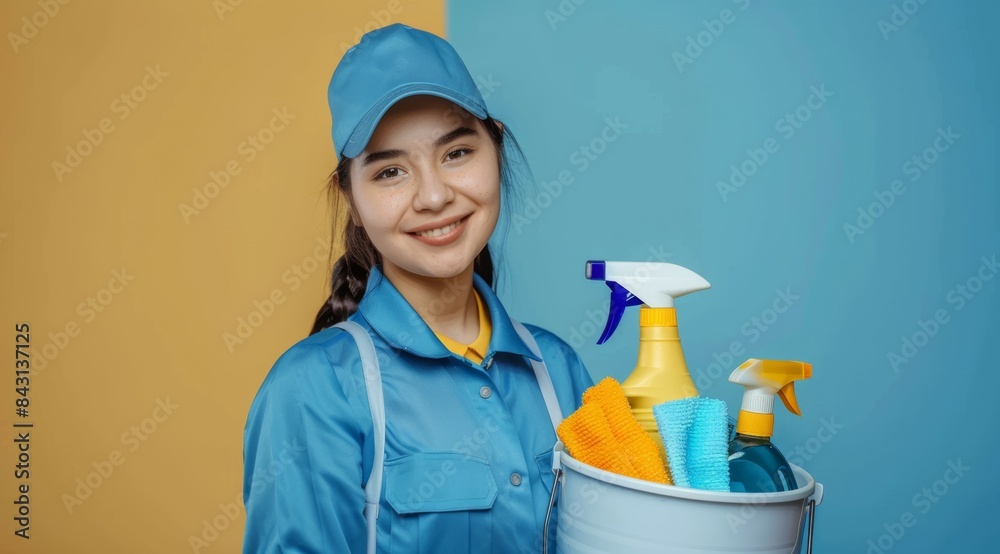 Woman professional cleaning service, employee and high-quality cleaning of premises. Concept top in-demand professions Woman professional cleaning service, employee and high-quality cleaning of premises. Concept top in-demand professions