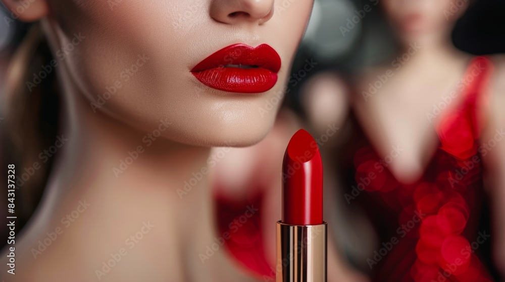 Obraz premium Lipstick advertising concept. Luxury cosmetics in elegant style. Background with copy space