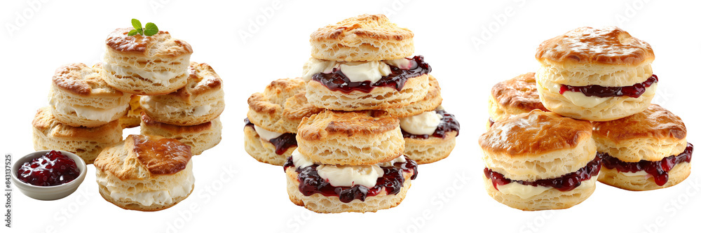 set of Freshly baked scones with clotted cream and jam on transparent background set of Freshly baked scones with clotted cream and jam on transparent background