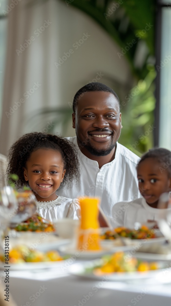 A simple and clean Juneteenth celebration, with families enjoying a festive meal, isolated on a white background.