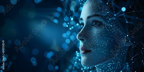 3D illustration of AI technology concept featuring a female face on a dark blue background. Concept AI Technology, Female Face, 3D Illustration, Dark Blue Background