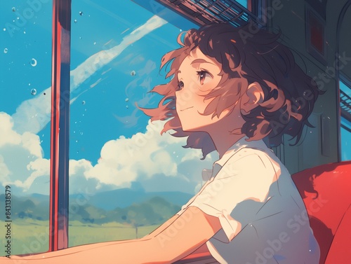 An exciting journey: A girl in a train looks out the window. Cartoon high quality illustration, generated by ai