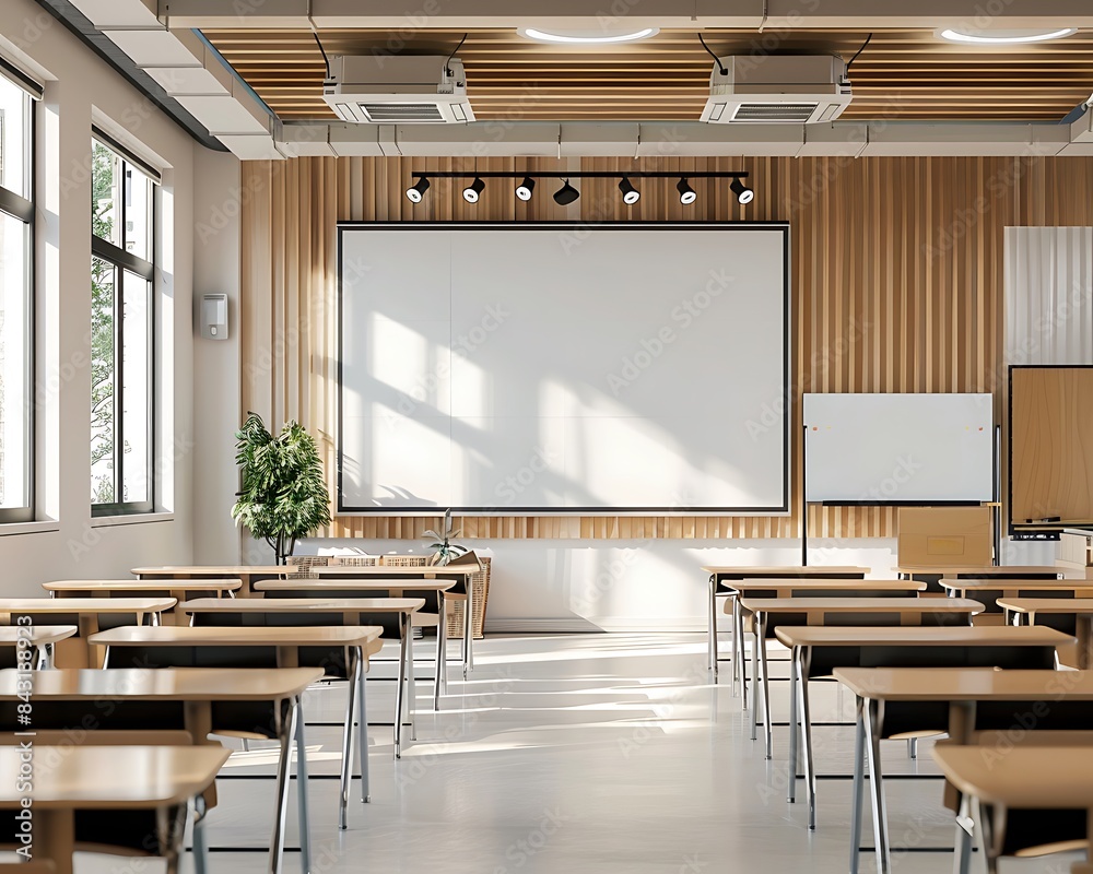 A modern classroom with a spotless whiteboard and tidy desks Stock