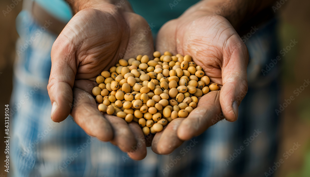 Closeup of handful of soybean hulls in male hands. Concept of organic supplement in production of compound feed for livestock animals Closeup of handful of soybean hulls in male hands. Concept of organic supplement in production of compound feed for livestock animals