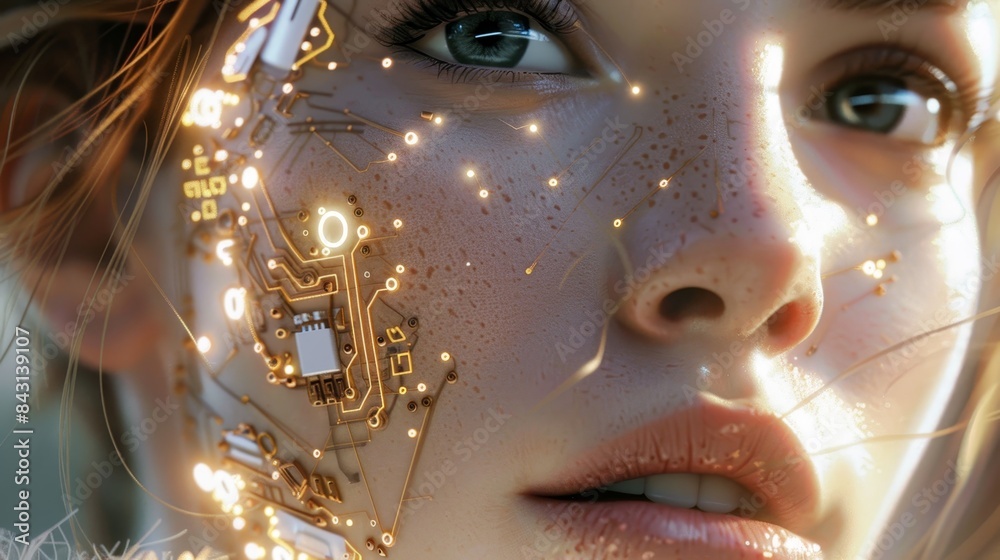 Close-up of a person's face with cybernetic enhancements. The person has green eyes, fair skin with freckles Close-up of a person's face with cybernetic enhancements. The person has green eyes, fair skin with freckles