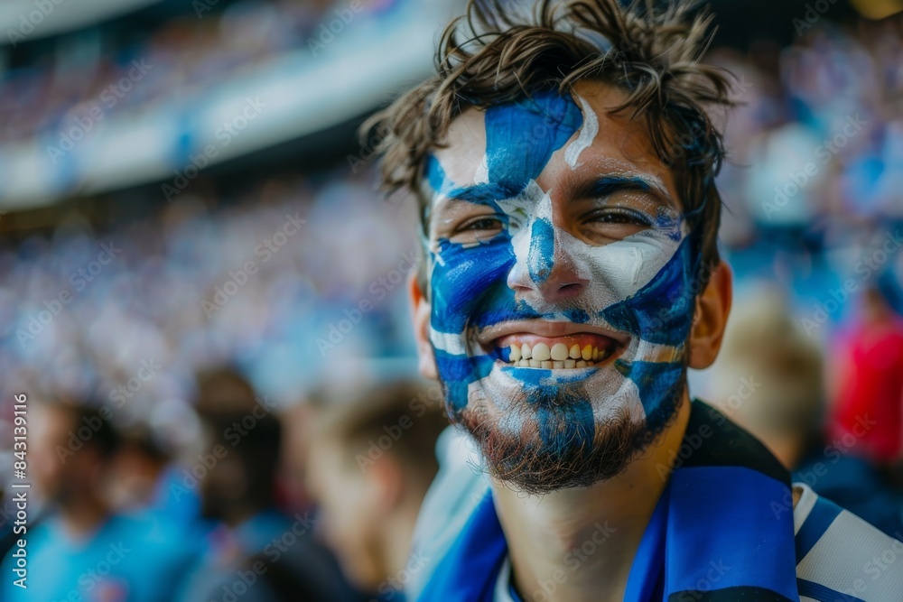 Happy fan supporting Scotland or Finland team at soccer.