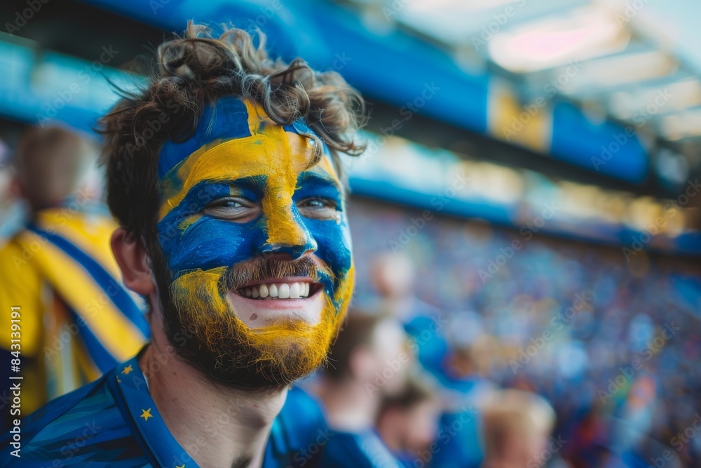 Happy fan supporting Sweden or Ukraine team at soccer. Happy fan supporting Sweden or Ukraine team at soccer.