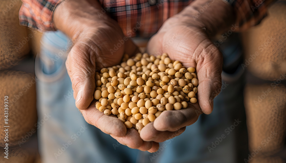 Closeup of handful of soybean hulls in male hands. Concept of organic supplement in production of compound feed for livestock animals Closeup of handful of soybean hulls in male hands. Concept of organic supplement in production of compound feed for livestock animals