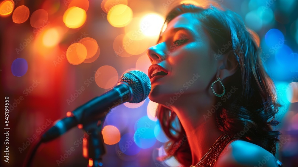 woman singing in a microphone ai generated