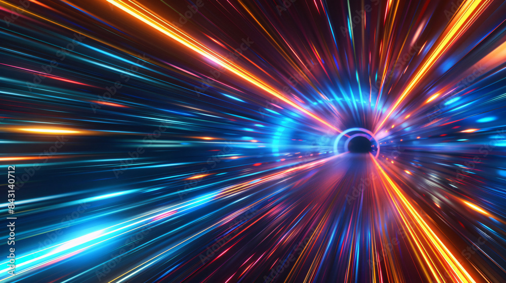 Bright streaks of light bursting through a tunnel, giving the illusion of traveling at extreme speed