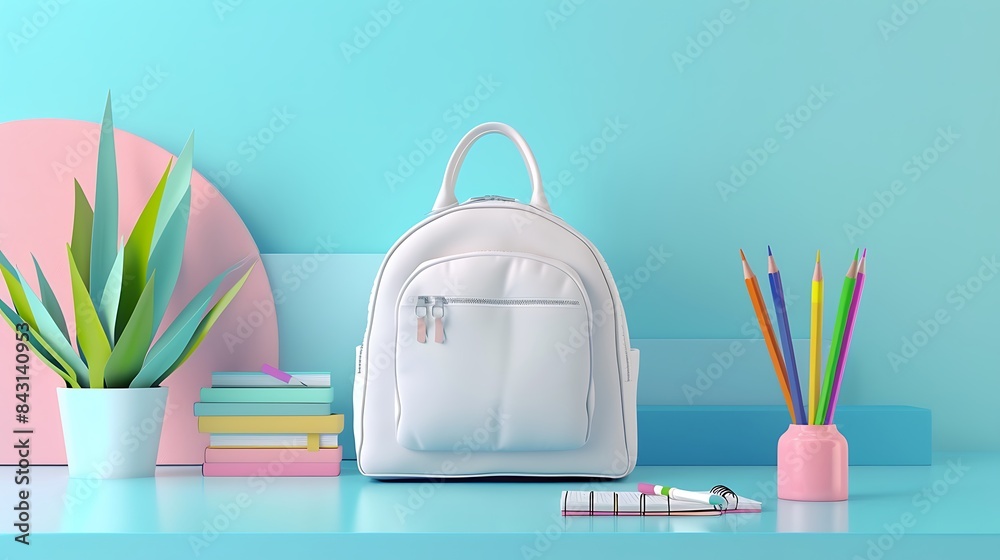 A stylish back-to-school display with a 3D white backpack, a set of colored pencils, and notebooks on a clean background A stylish back-to-school display with a 3D white backpack, a set of colored pencils, and notebooks on a clean background