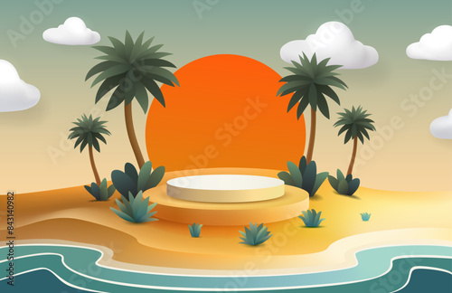 Beach on an island with a podium and palm trees, vacation at sea. Vector illustration