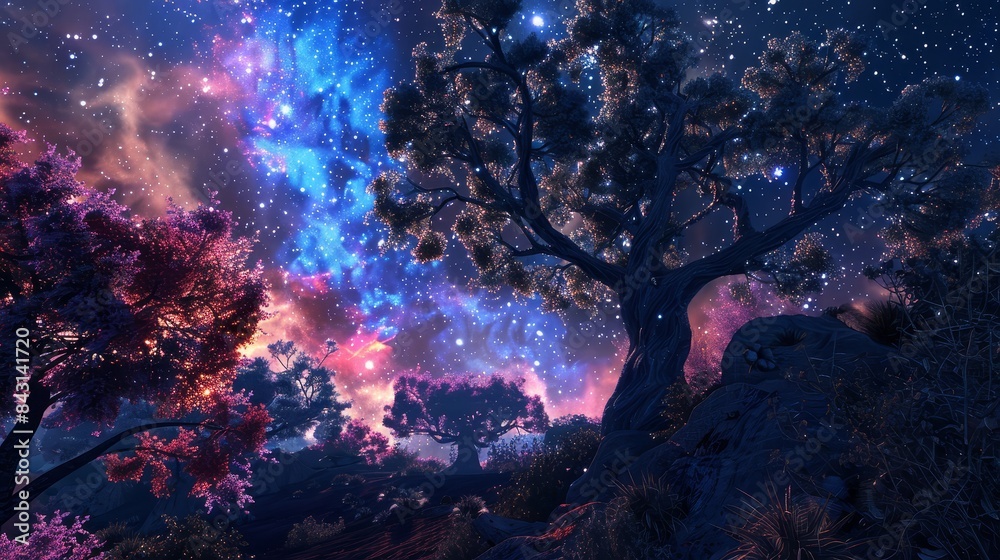Obraz premium Starry Night Forest - Silhouetted trees stand tall against a vibrant, starry night sky filled with celestial wonders.
