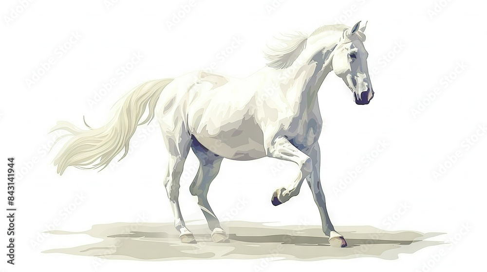 A white horse gallops against a white backdrop, casting its shadow onto the foreground A white horse gallops against a white backdrop, casting its shadow onto the foreground