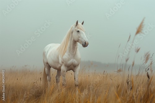 Majestic white horse standing in misty field with tall grass. Serene and ethereal equine photography.