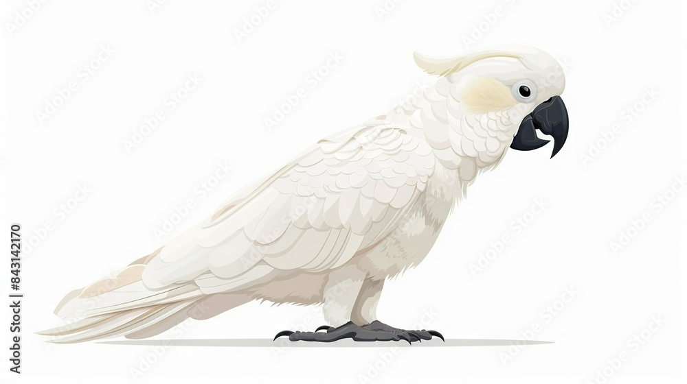 Fototapeta premium A white parrot with a black beak stands on its hind legs, turning its head to the side