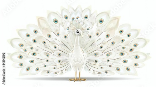   A white peacock with blue eyes stands before a white backdrop, its feathers spread wide
