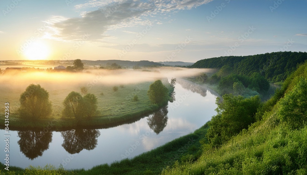 panorama of a summer landscape with sunrise, fog and the river panorama of a summer landscape with sunrise, fog and the river