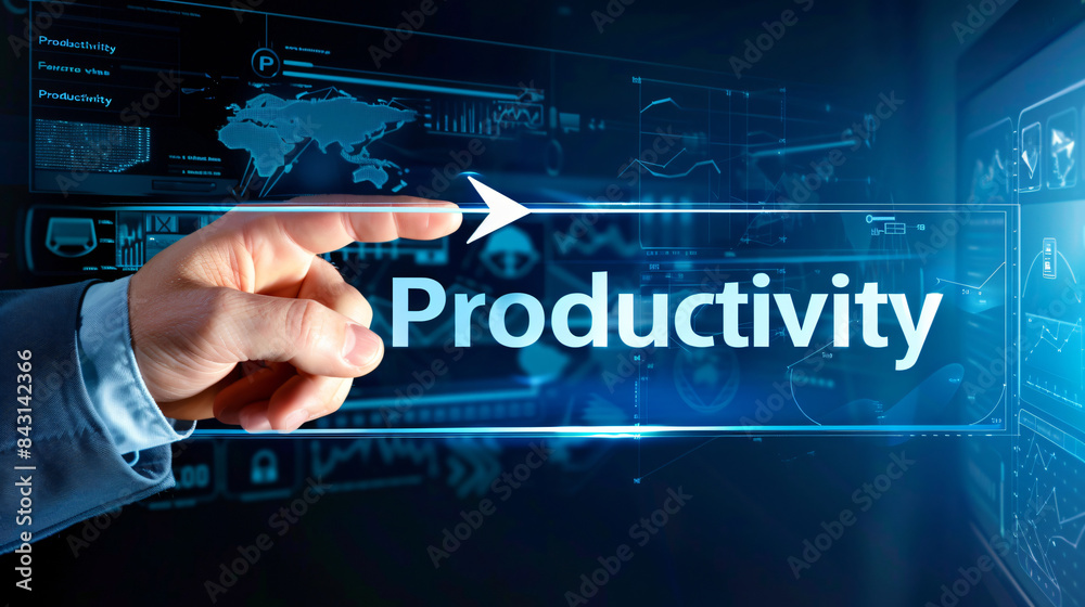 Executive is touching a virtual screen selecting productivity Executive is touching a virtual screen selecting productivity