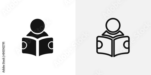 Book open reader icon in solid and outline styles depicting a person reading a book