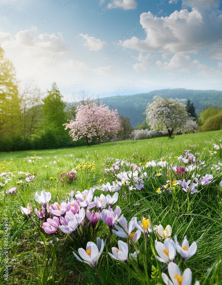 spring landscape panorama with flowering flowers on meadow spring landscape panorama with flowering flowers on meadow