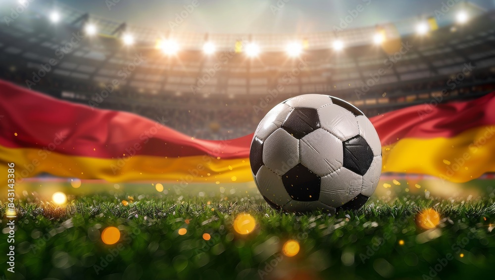 Fototapeta premium Soccer ball on the field of stadium with Germany flag.