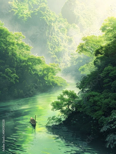 illustration traveling boat in river, beautiful landscape, green trees, natural light, nature landscape background, cool colors, generative ai hyper realistic 