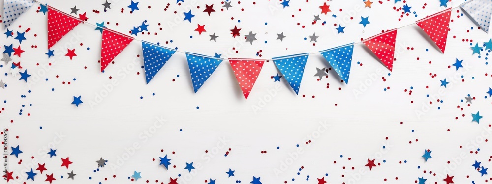 Fototapeta premium A simple and clean Independence Day setup, with fireworks and patriotic banners, isolated on a white background.