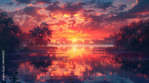 a picturesque sunrise over a calm river with glowing clouds and silhouetted trees