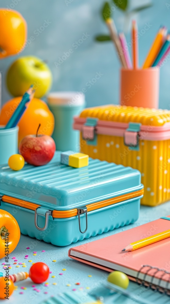 Fototapeta premium Minimalistic and bright setup of Back to School preparations, featuring notebooks, pencils, and lunchboxes, isolated on a white background. The clean design highlights the cheerful and organized arran