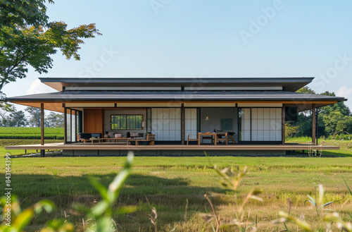 Exterior view of a café-restaurant in a stylish minimalist Japanese house in a grassy field. A sunny afternoon 