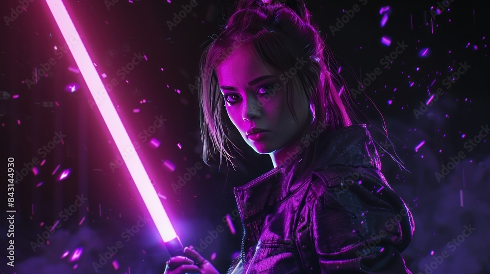 Cyberpunk woman holding a purple glow stick. Cyberpunk woman holding a purple glow stick.