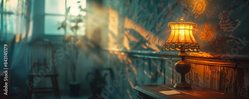 Lamp, Ancient Myths and Legends, Stories Projected on Walls, Indoors, Realistic, Rembrandt Lighting, Depth of Field Bokeh Effect