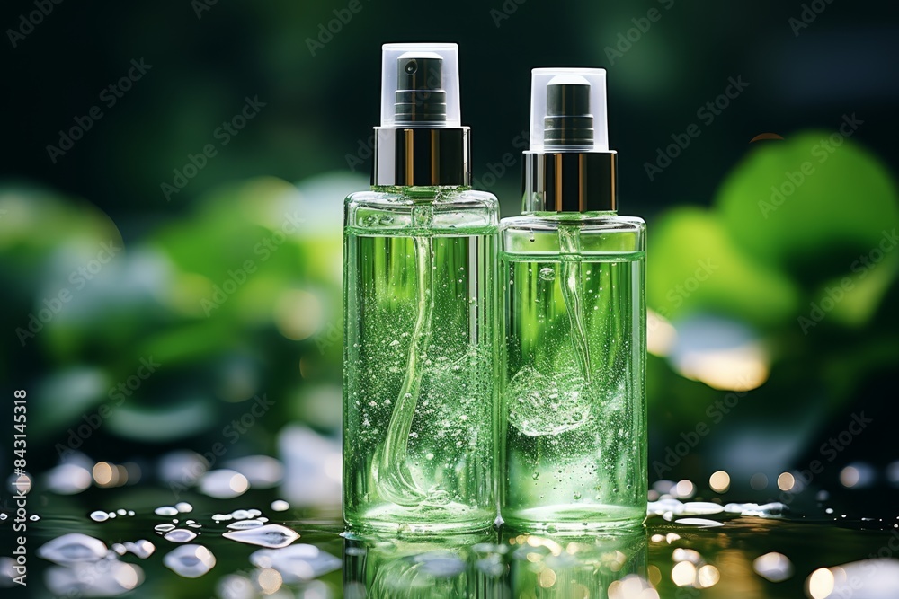 Refreshing Green Cosmetic Spray Bottles with Dewdrops Refreshing Green Cosmetic Spray Bottles with Dewdrops
