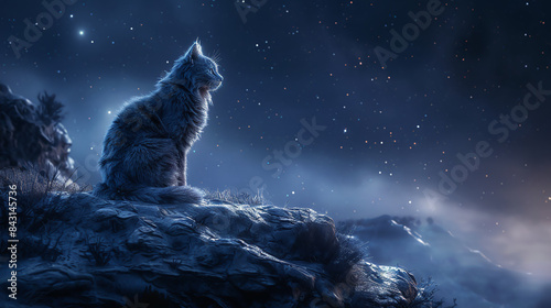 Mystical creature, shimmering coat, ancient guardian perched on rocky formation, overlooking lush valleys, under a starry night sky, surrealistic 3D render, moonlight glow, depth of field bokeh effect photo