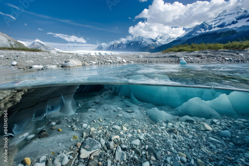 Clear mountain water with an underwater view, showing rocks and ice with a backdrop of snowy peaks and blue sky...
