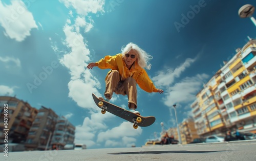 Elderly woman skateboarding in the street