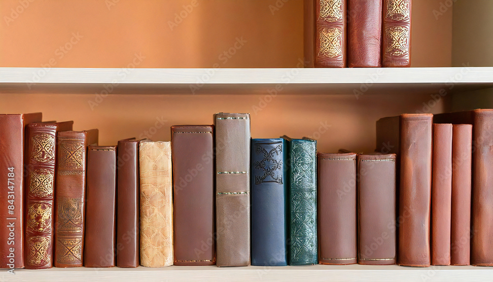 In the background there is a bookshelf with many books lined up. In the background there is a bookshelf with many books lined up.