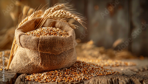 Wheat ear and bag with grain on wooden background. photo