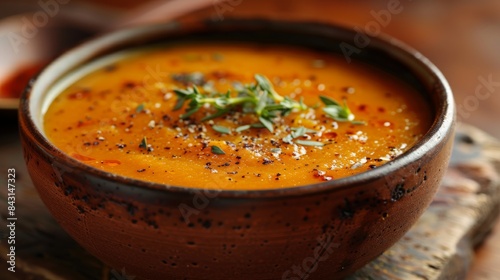 Warm bowl of pumpkin soup with seasoning, perfect as a healthy and cozy meal option