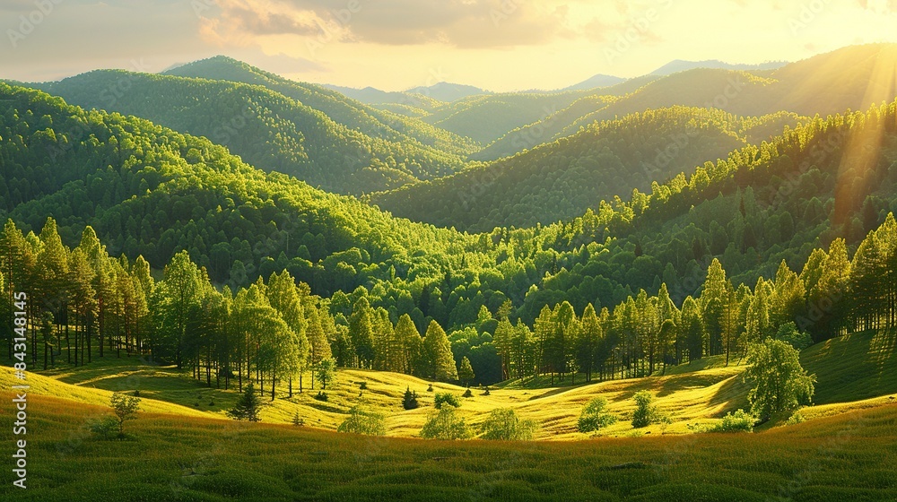 Obraz premium A lush green hillside, covered in many trees
