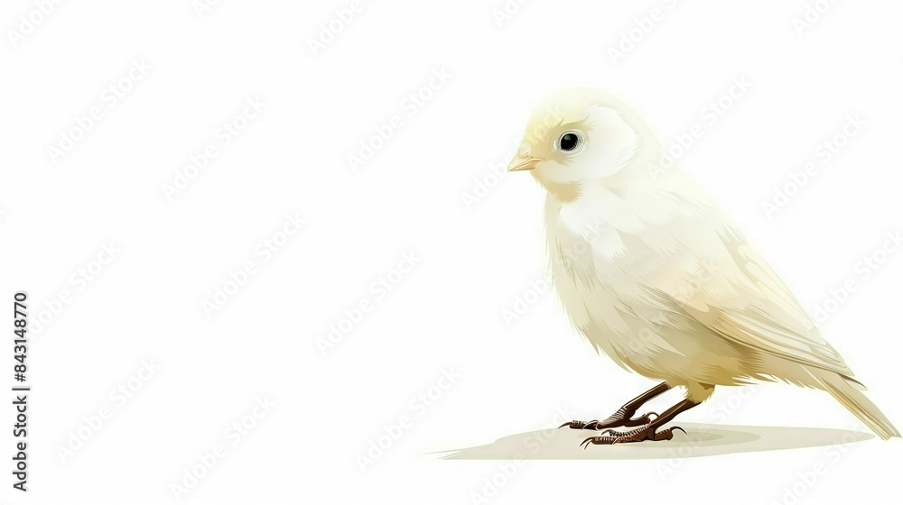 A small white bird perched on a white floor adjacent to a white wall, casting a shadow of its head A small white bird perched on a white floor adjacent to a white wall, casting a shadow of its head