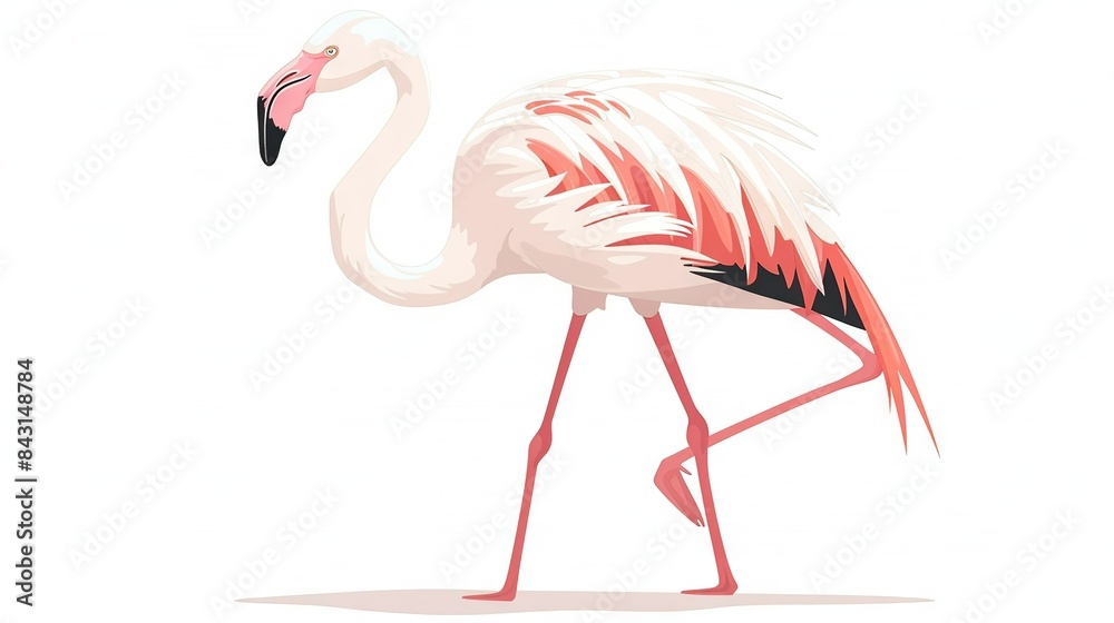 Fototapeta premium Pink Flamingo standing on one leg, head turned sideways, legs crossed