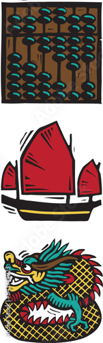 China abacus junk dragon travel woodcut