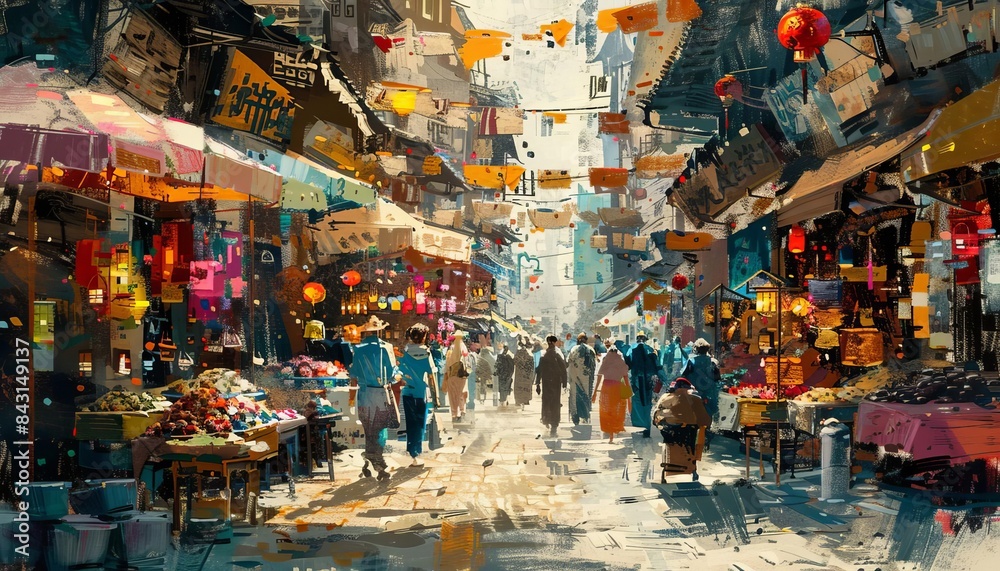 Obraz premium Lively market street in a distant city, filled with vivid colors, diverse goods, and a dynamic mix of people, capturing the essence of cultural exchange and everyday life