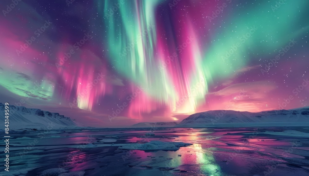 Northern lights illuminating the night sky with swirling colors of green, pink, and purple, casting a surreal glow over a tranquil, frozen lake Northern lights illuminating the night sky with swirling colors of green, pink, and purple, casting a surreal glow over a tranquil, frozen lake