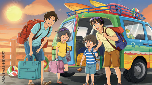 A happy family carrying their belongings in the car and getting ready to go out and spend the summer vacation at the seaside, 