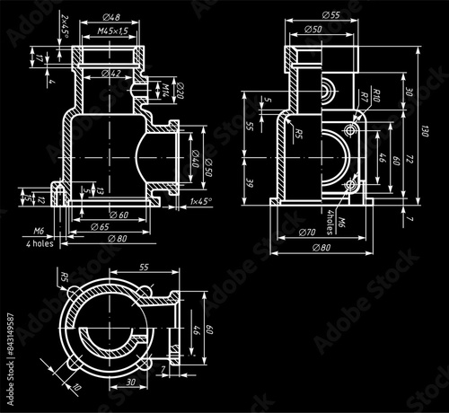 Vector mechanic drawing of a steel cast mechanical part with 
through holes and dimension lines.
Engineering cad scheme. Technical template.  Cross section. photo