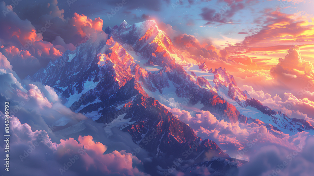 a vivid mountain landscape with glowing peaks and colorful clouds at sunset a vivid mountain landscape with glowing peaks and colorful clouds at sunset