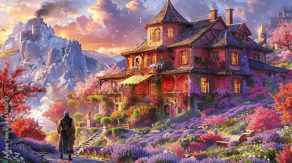 A man stands before a house amidst a field of vibrant flowers, with majestic mountains in the serene background A man stands before a house amidst a field of vibrant flowers, with majestic mountains in the serene background